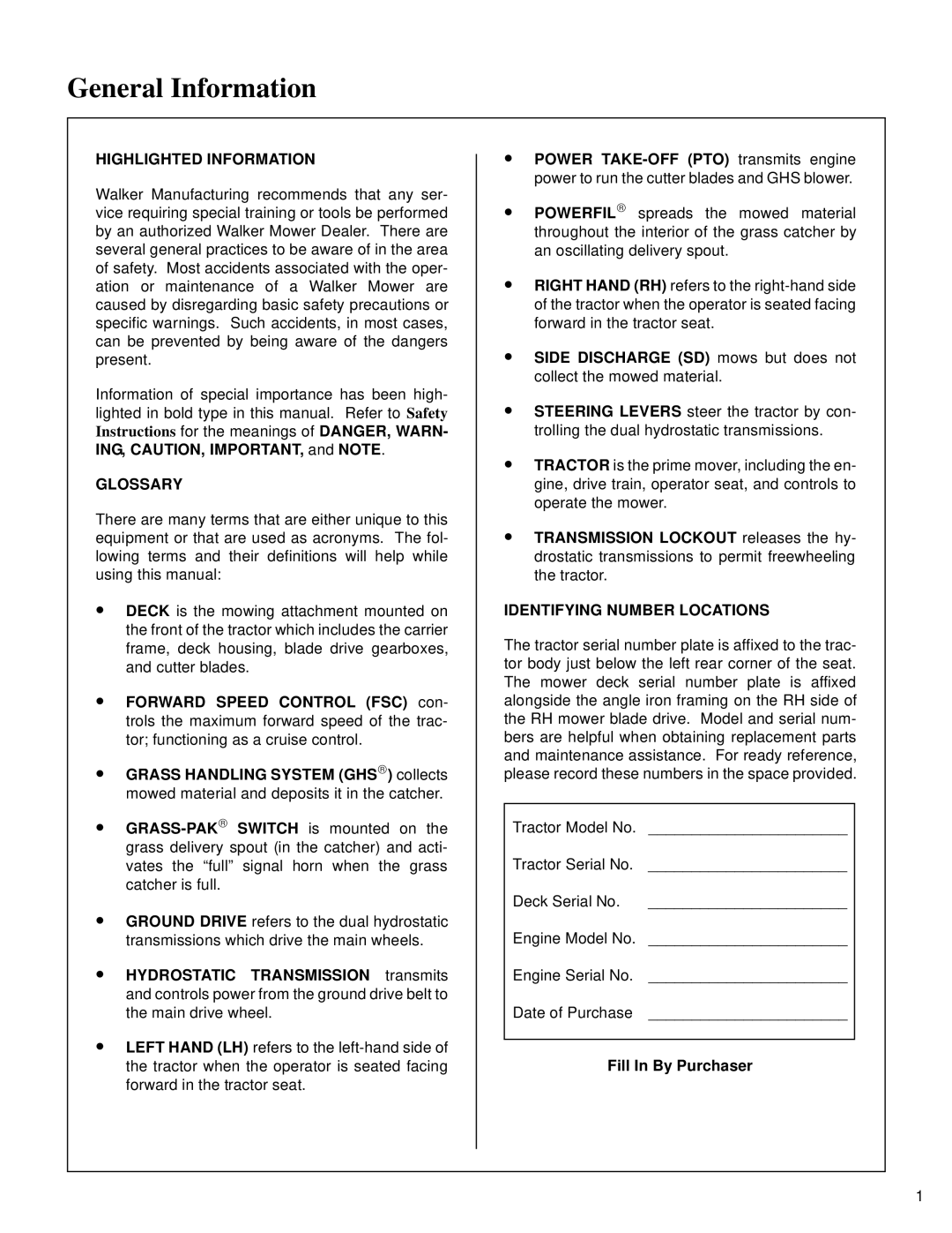 Walker MT owner manual General Information, Glossary, Identifying Number Locations, Fill In By Purchaser 