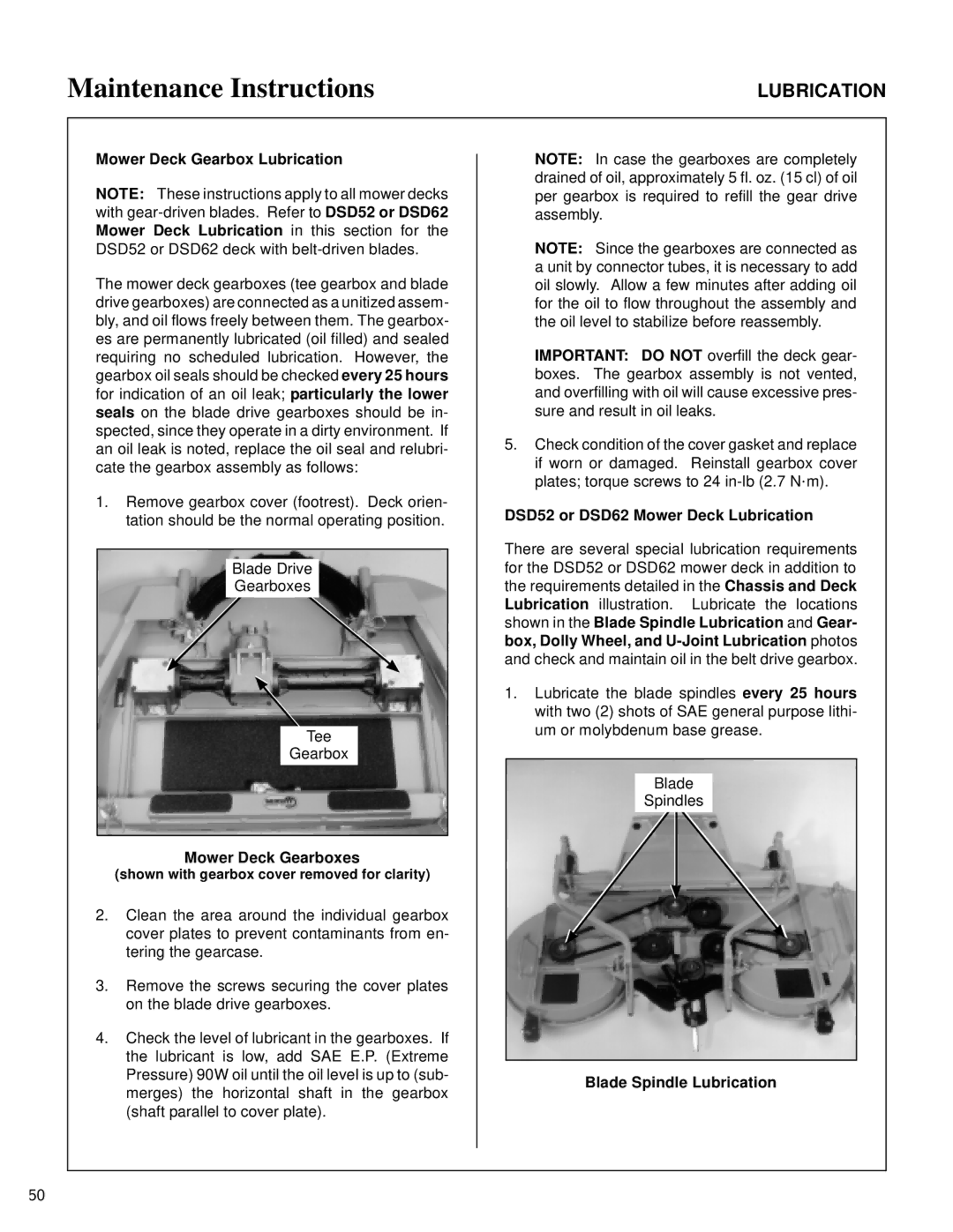 Walker MT owner manual Mower Deck Gearbox Lubrication, Mower Deck Gearboxes, DSD52 or DSD62 Mower Deck Lubrication 