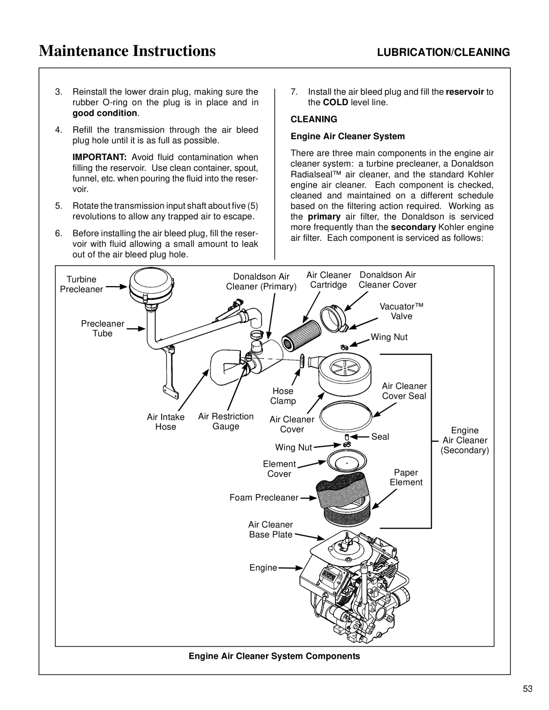 Walker MT owner manual Cleaning, Engine Air Cleaner System Components 