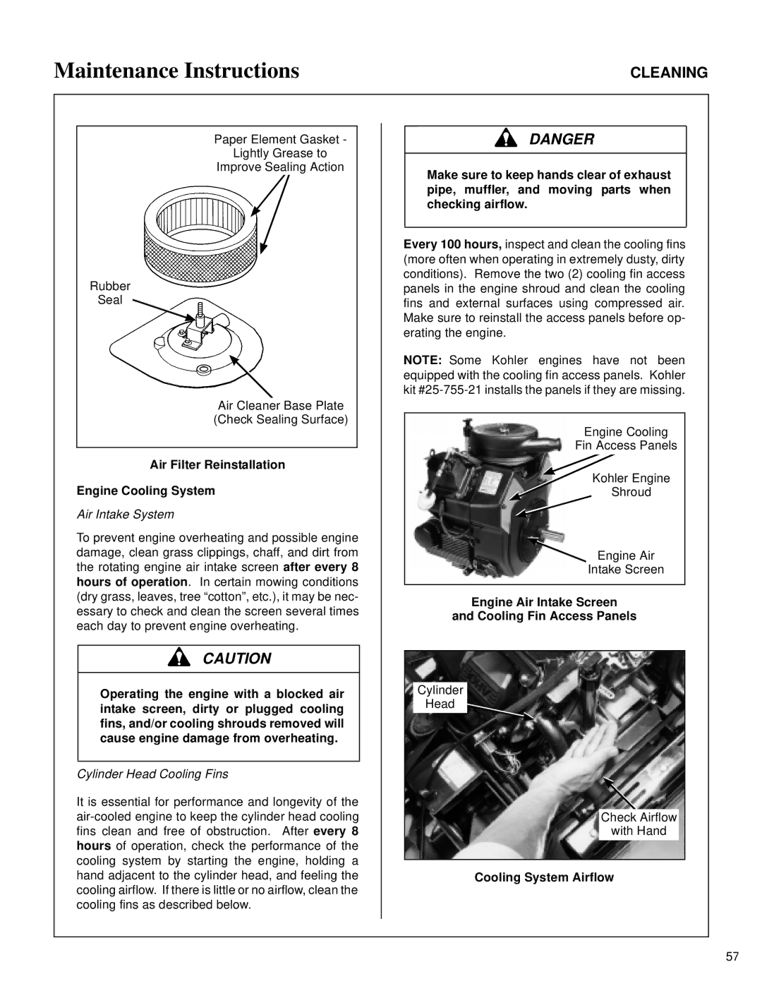 Walker MT owner manual Air Filter Reinstallation Engine Cooling System, Air Intake System, Cooling System Airflow 