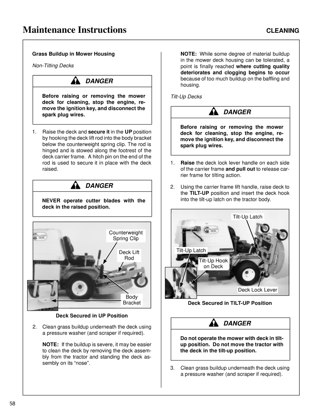 Walker MT owner manual Non-Tilting Decks, Deck Secured in UP Position, Tilt-Up Decks 