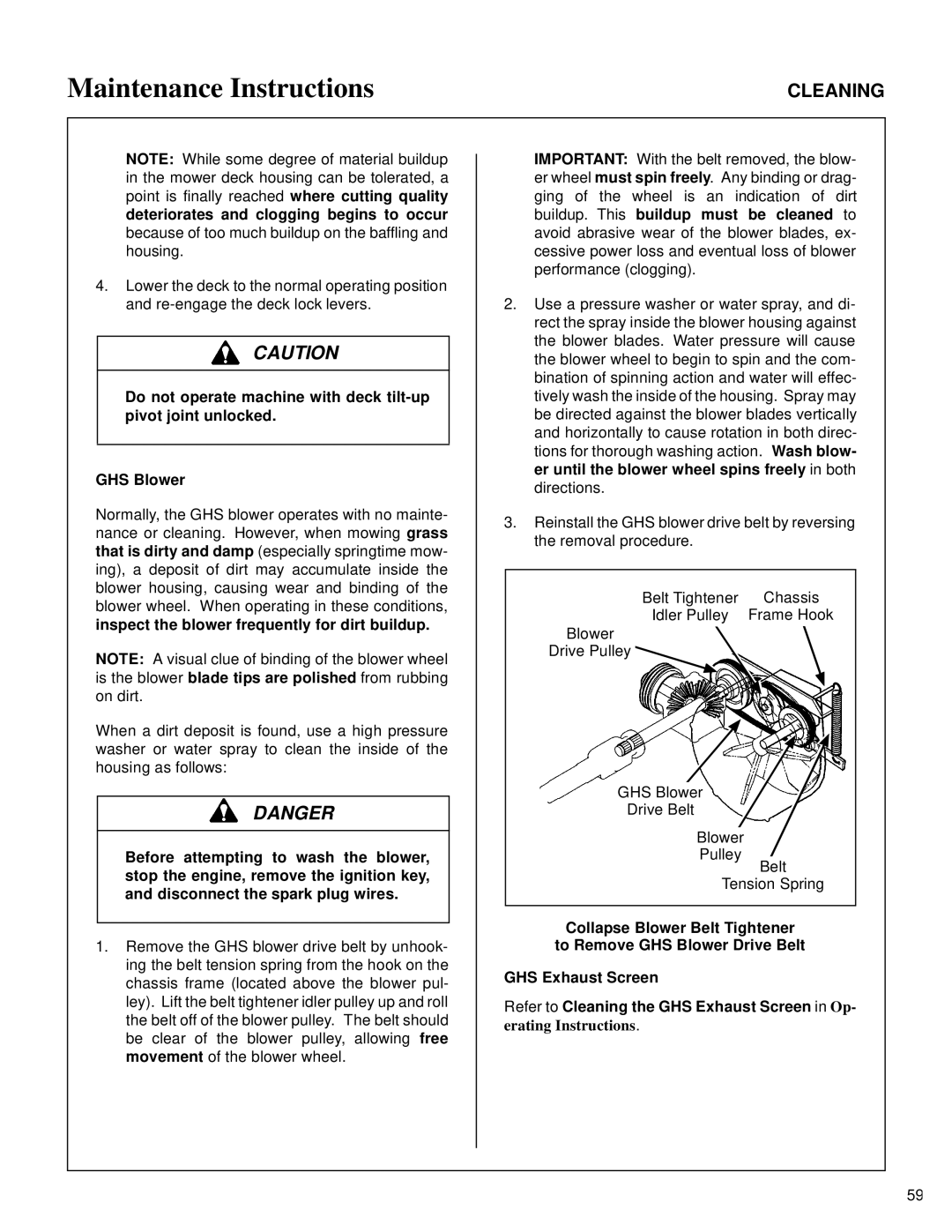 Walker MT owner manual Inspect the blower frequently for dirt buildup 