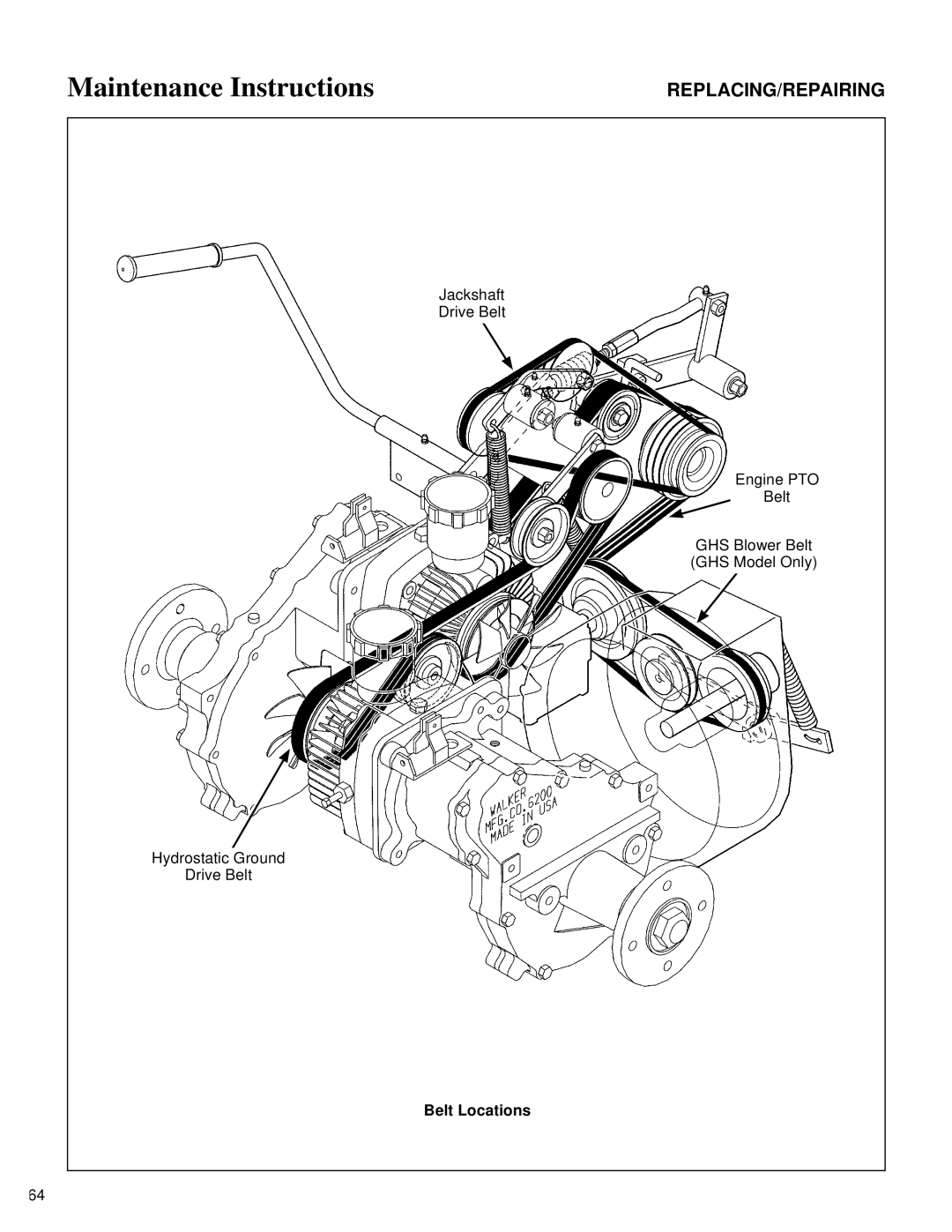 Walker MT owner manual Replacing/Repairing, Belt Locations 