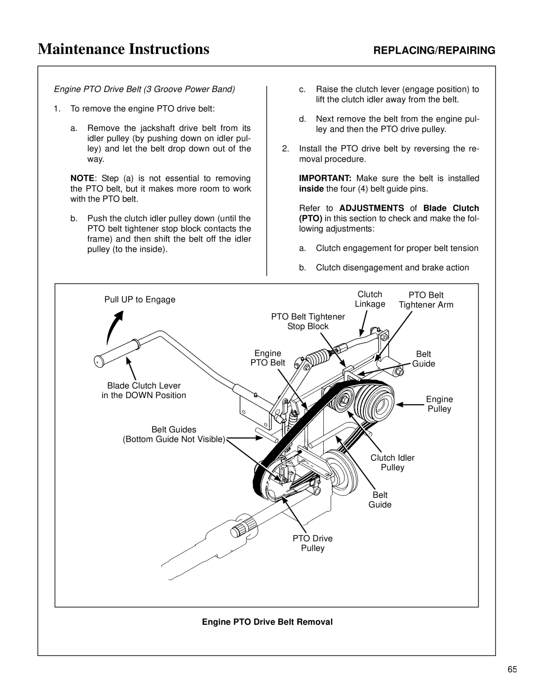 Walker MT owner manual Engine PTO Drive Belt 3 Groove Power Band, Engine PTO Drive Belt Removal 