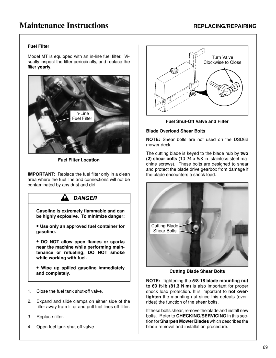 Walker MT Fuel Filter Location, Fuel Shut-Off Valve and Filter Blade Overload Shear Bolts, Cutting Blade Shear Bolts 