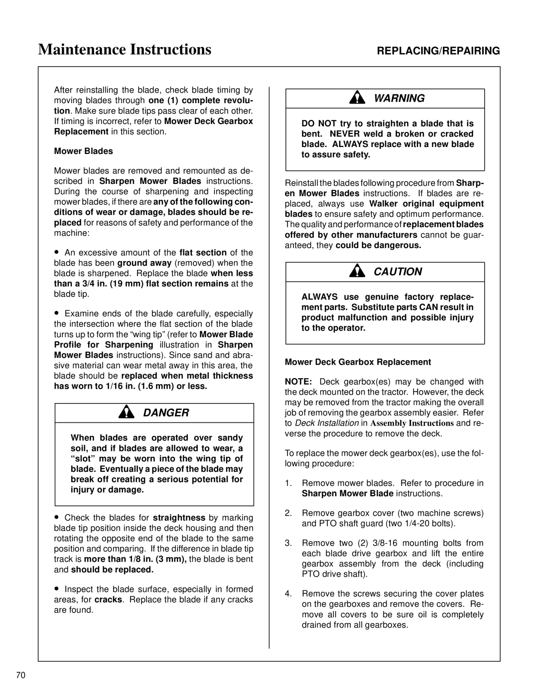 Walker MT owner manual Mower Blades 