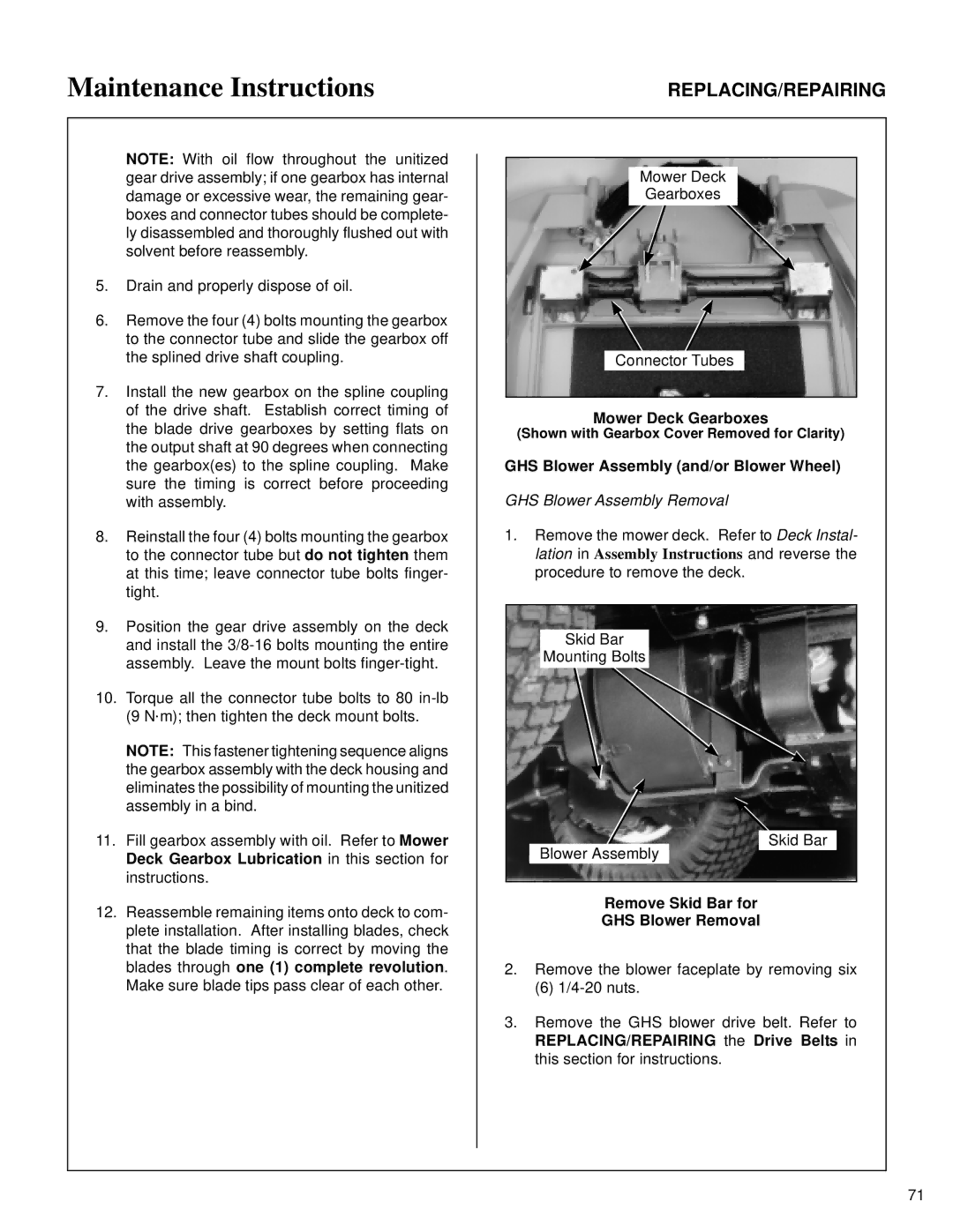 Walker MT GHS Blower Assembly and/or Blower Wheel, GHS Blower Assembly Removal, Remove Skid Bar for GHS Blower Removal 