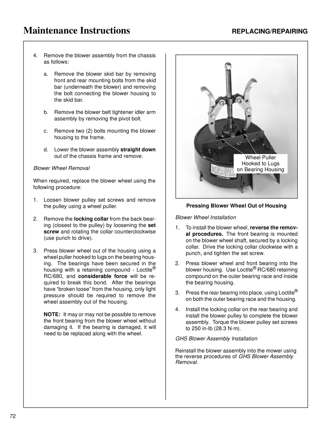 Walker MT owner manual Blower Wheel Removal, Pressing Blower Wheel Out of Housing 