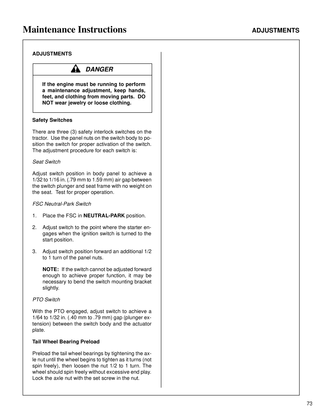 Walker MT owner manual Adjustments, Seat Switch, PTO Switch 