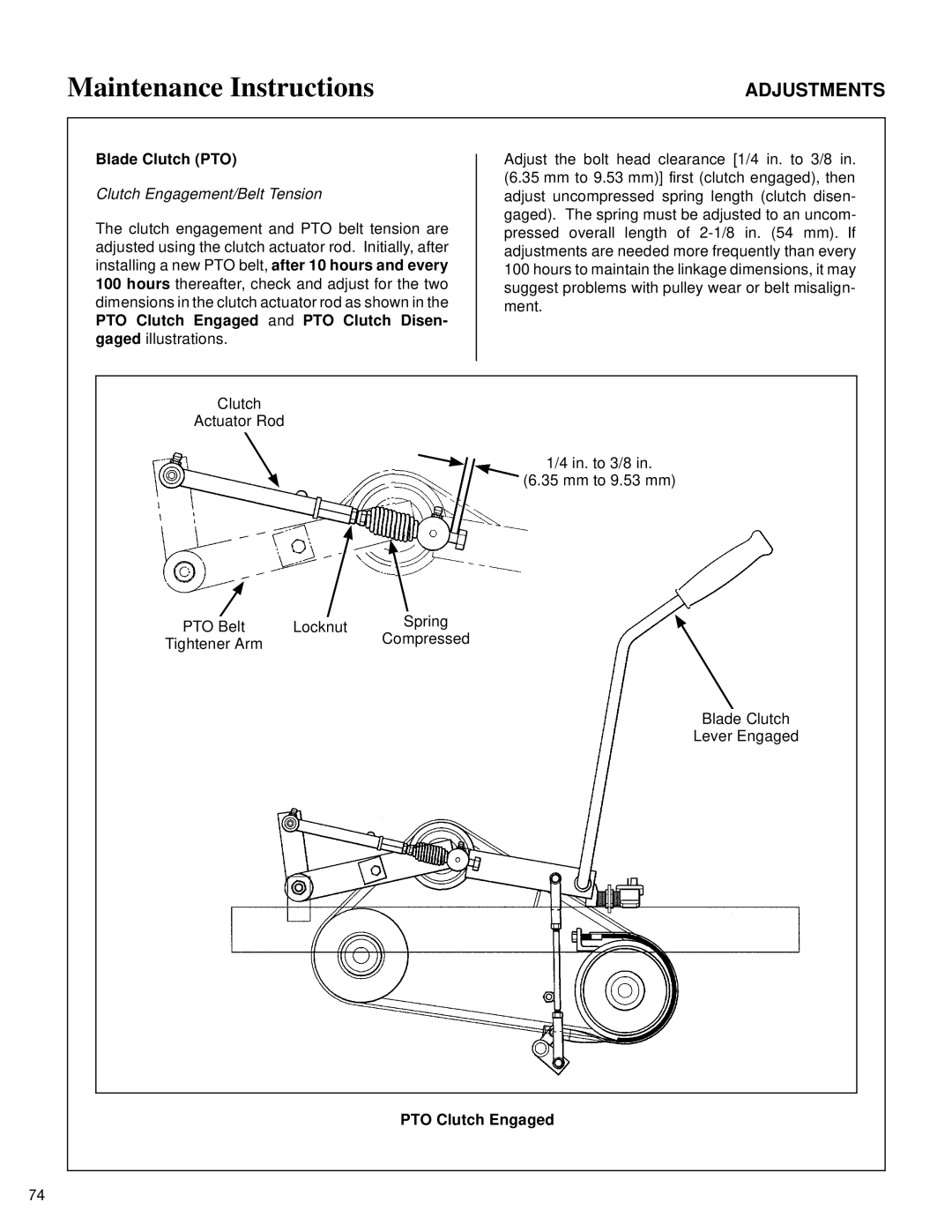 Walker MT owner manual Blade Clutch PTO, Clutch Engagement/Belt Tension, PTO Clutch Engaged 