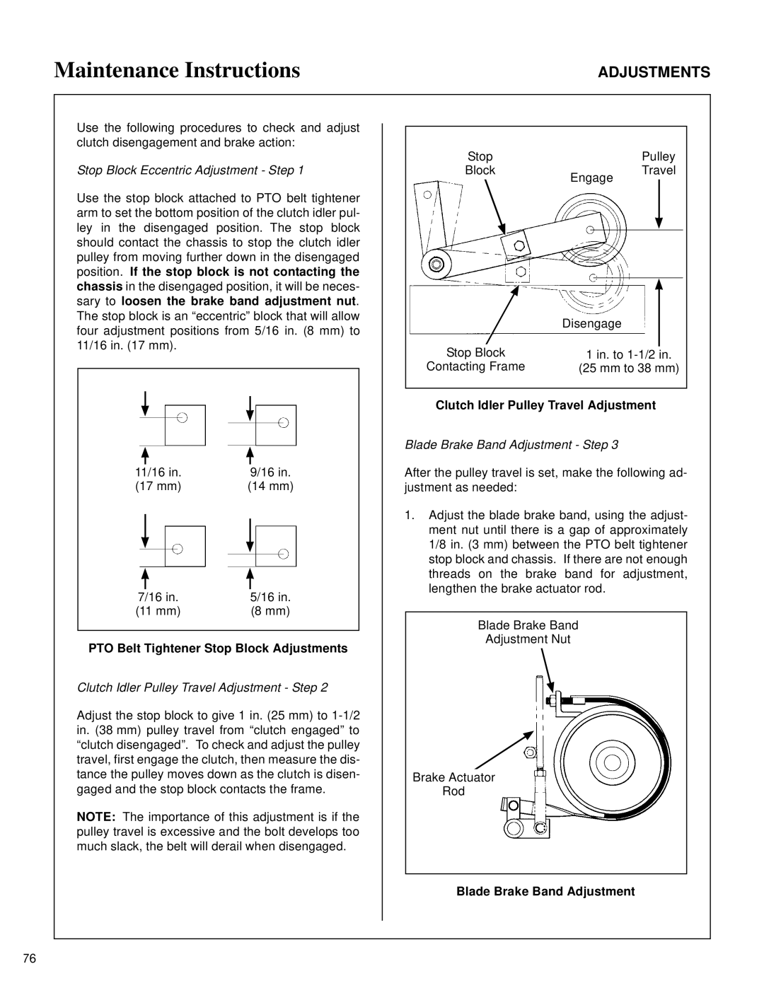 Walker MT PTO Belt Tightener Stop Block Adjustments, Clutch Idler Pulley Travel Adjustment, Blade Brake Band Adjustment 