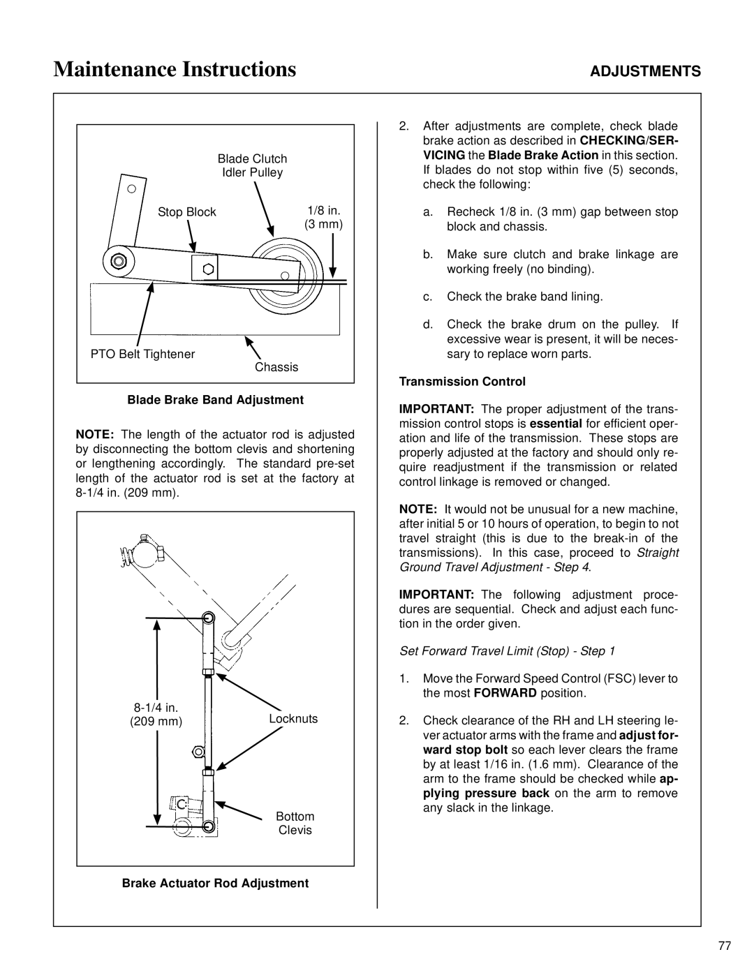 Walker MT owner manual Brake Actuator Rod Adjustment, Set Forward Travel Limit Stop Step 