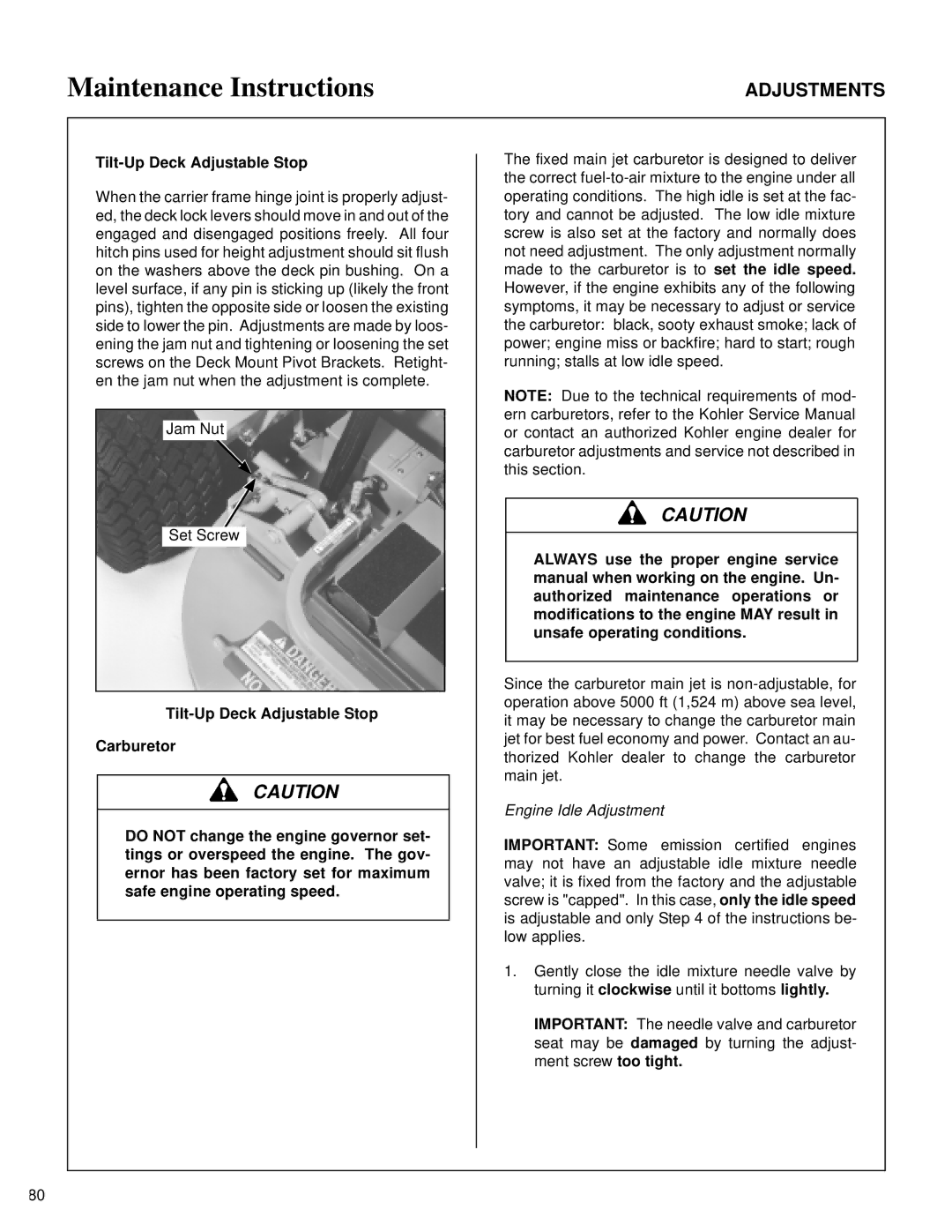 Walker MT owner manual Tilt-Up Deck Adjustable Stop 