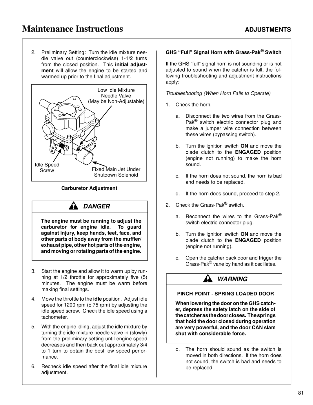 Walker MT Carburetor Adjustment, GHS Full Signal Horn with Grass-Pak Switch, Troubleshooting When Horn Fails to Operate 