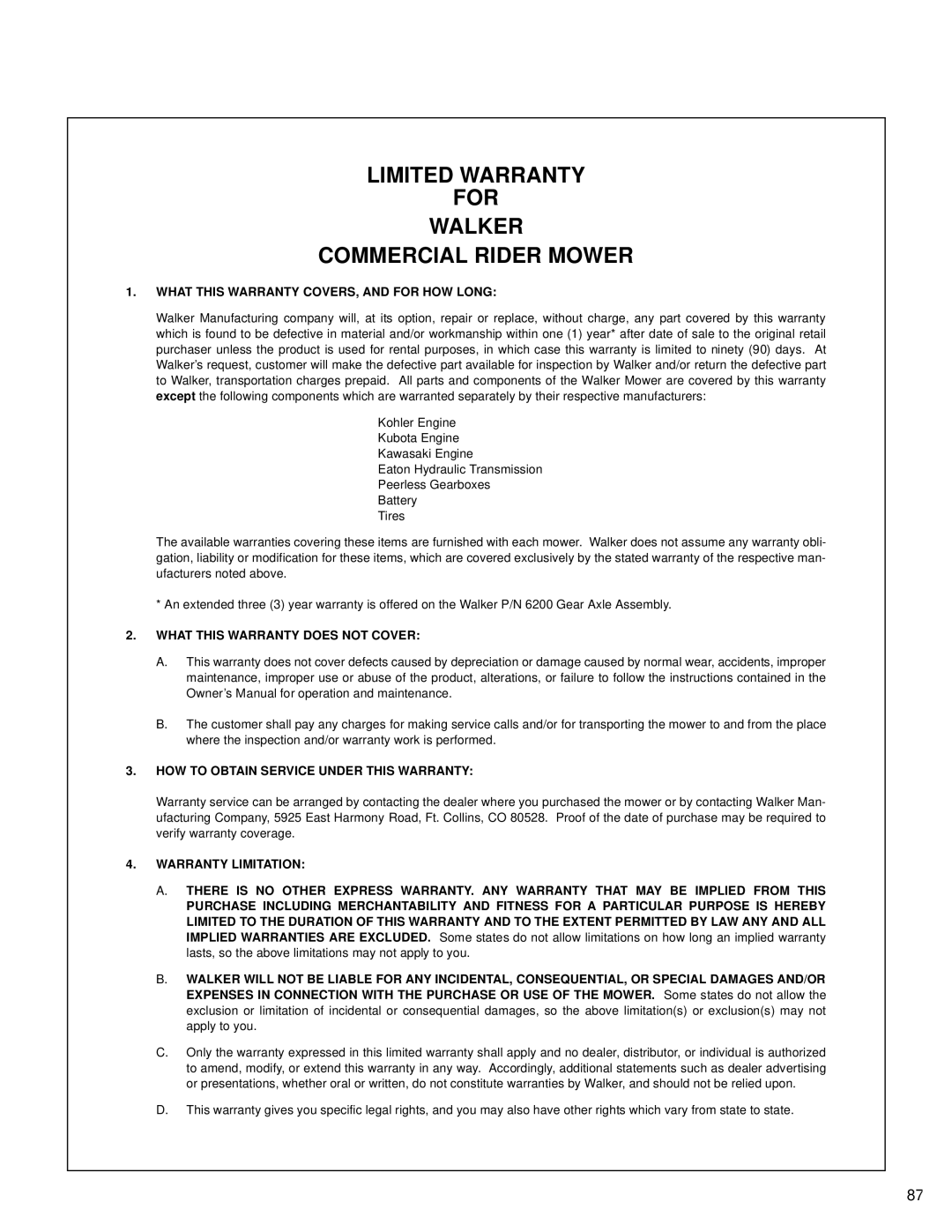 Walker MT owner manual Limited Warranty For Walker Commercial Rider Mower 