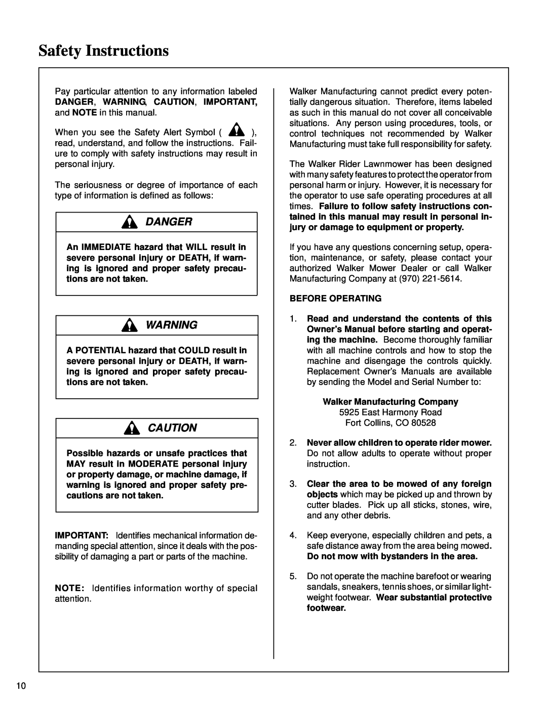 Walker MT Safety Instructions, Danger, DANGER, WARNING, CAUTION, IMPORTANT, and NOTE in this manual, Before Operating 