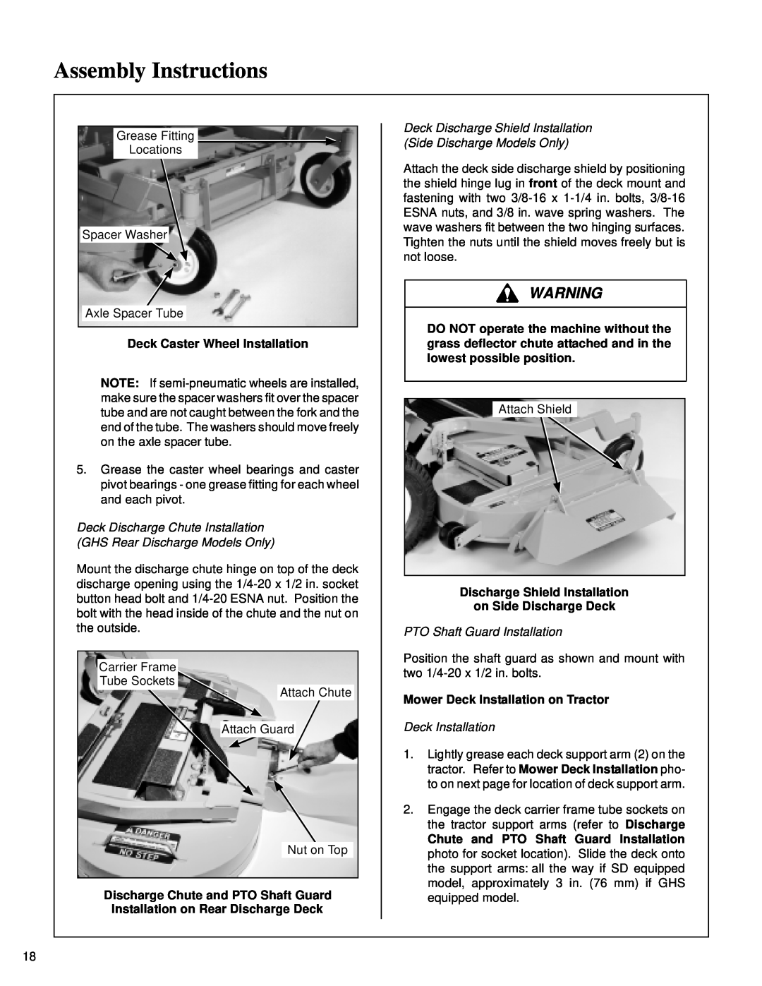 Walker MT Assembly Instructions, Deck Caster Wheel Installation, Discharge Shield Installation on Side Discharge Deck 