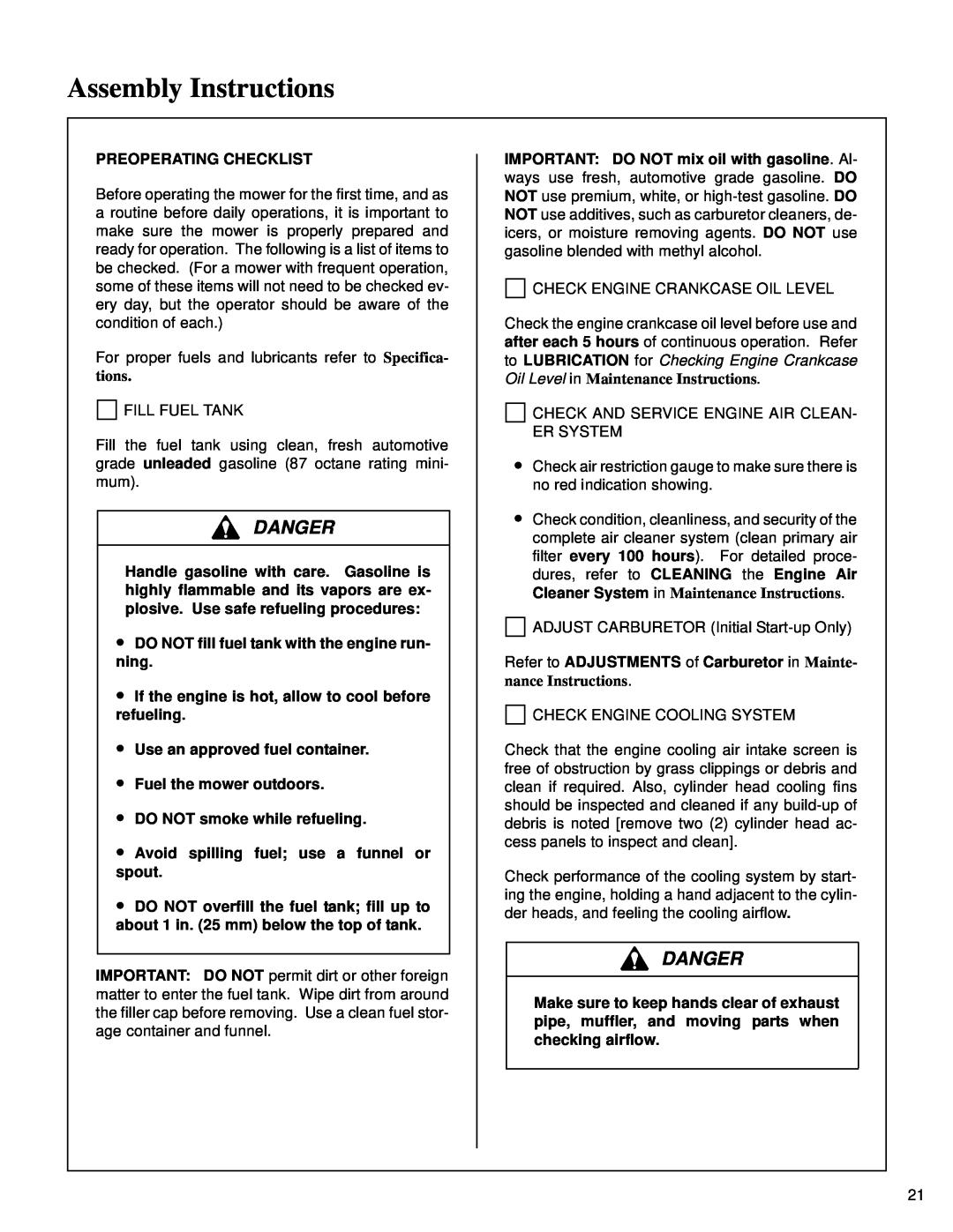 Walker MT Assembly Instructions, Danger, Preoperating Checklist, ∙ DO NOT fill fuel tank with the engine run- ning 