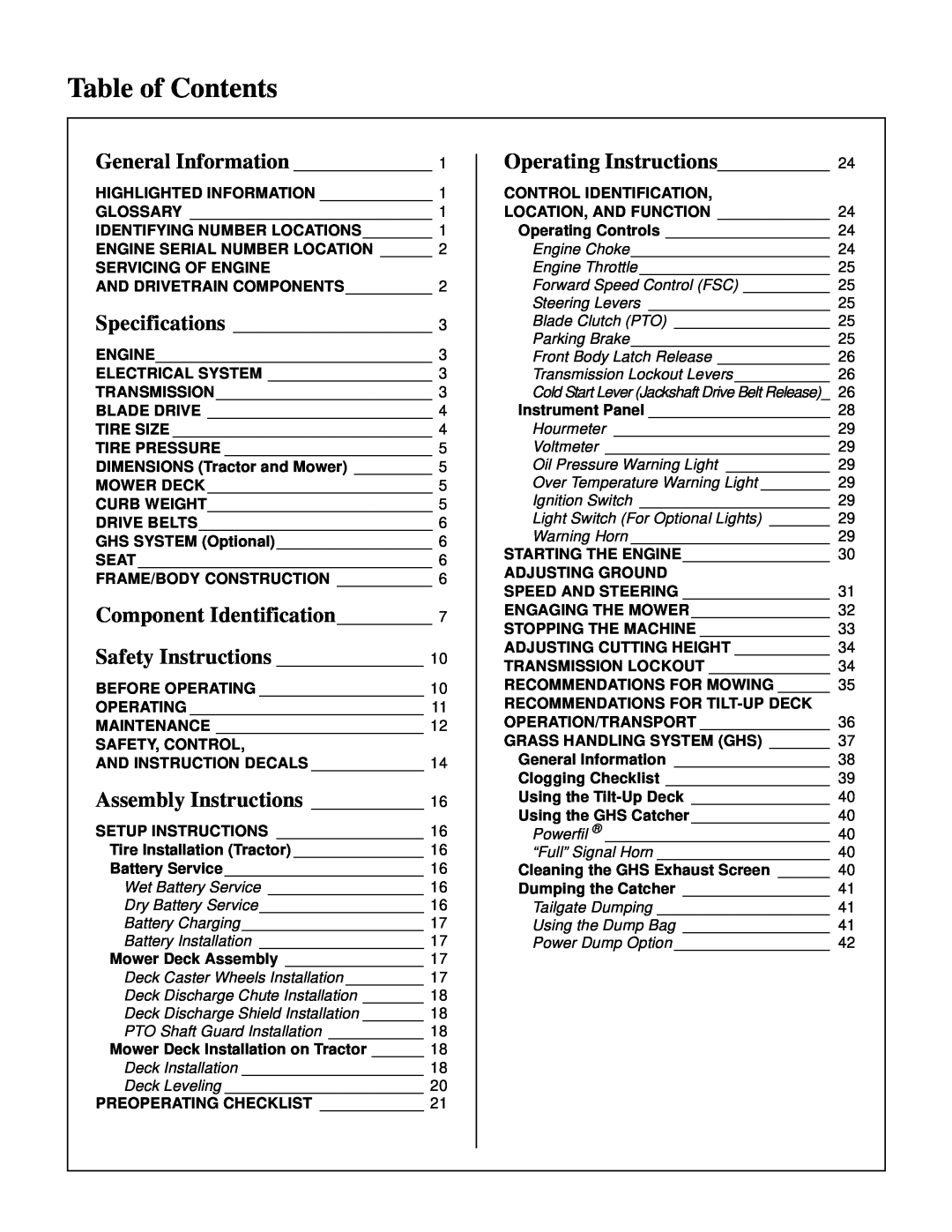 Walker MT Table of Contents, General Information, Component Identification Safety Instructions, Assembly Instructions 