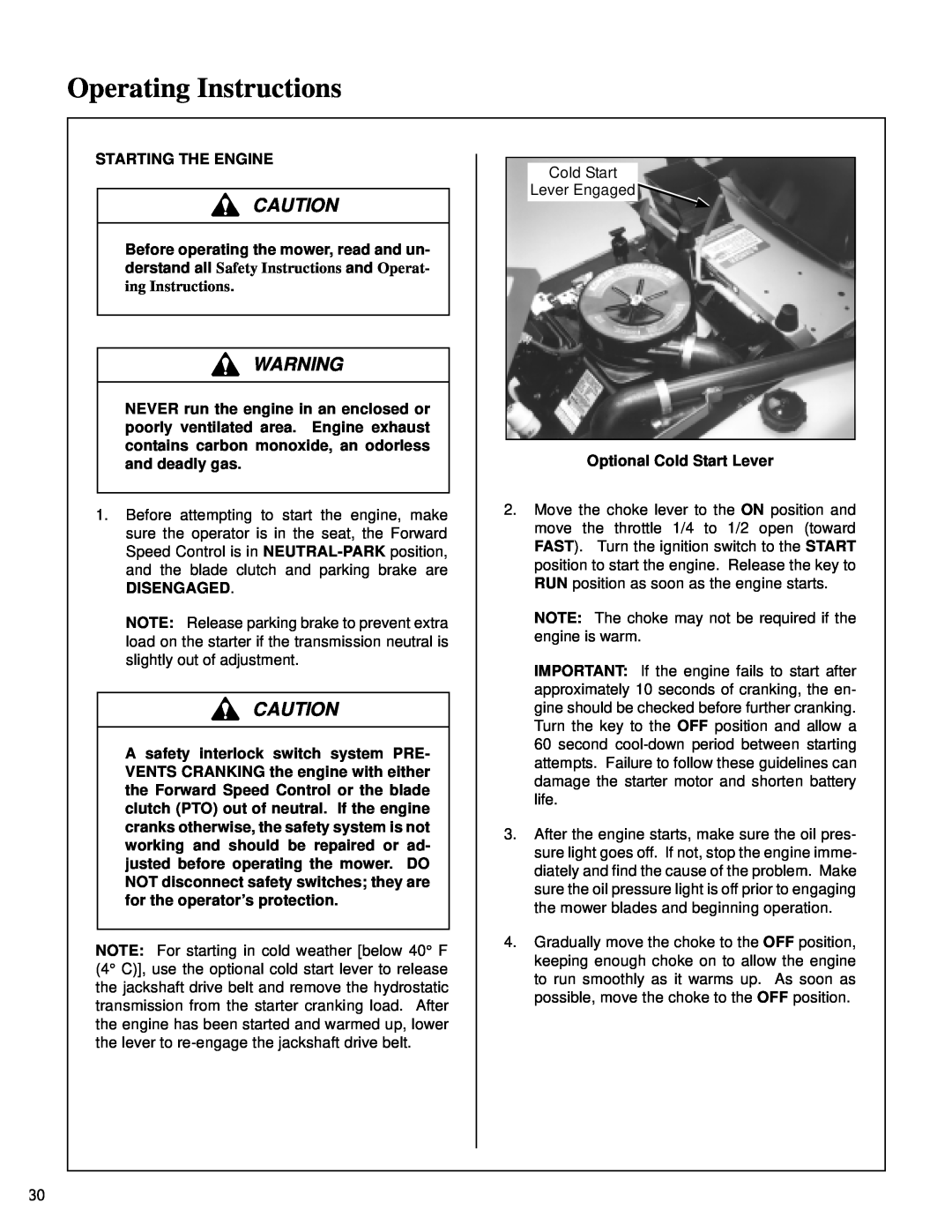 Walker MT owner manual Operating Instructions, Starting The Engine, Disengaged, Optional Cold Start Lever 
