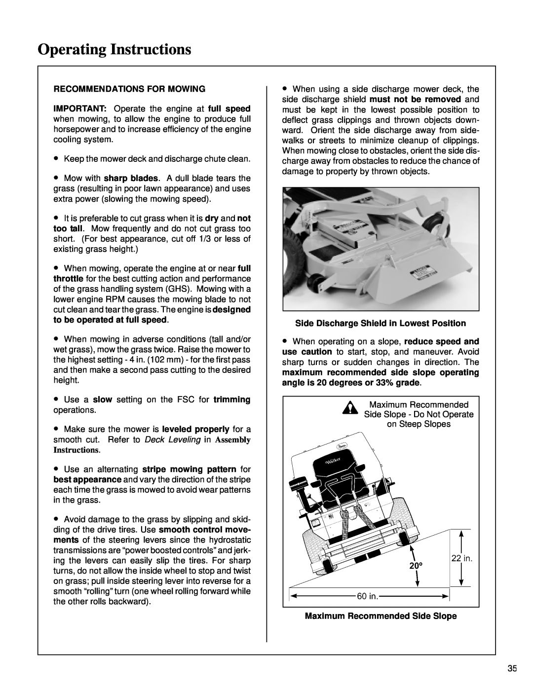 Walker MT owner manual Operating Instructions, Recommendations For Mowing, Side Discharge Shield in Lowest Position 