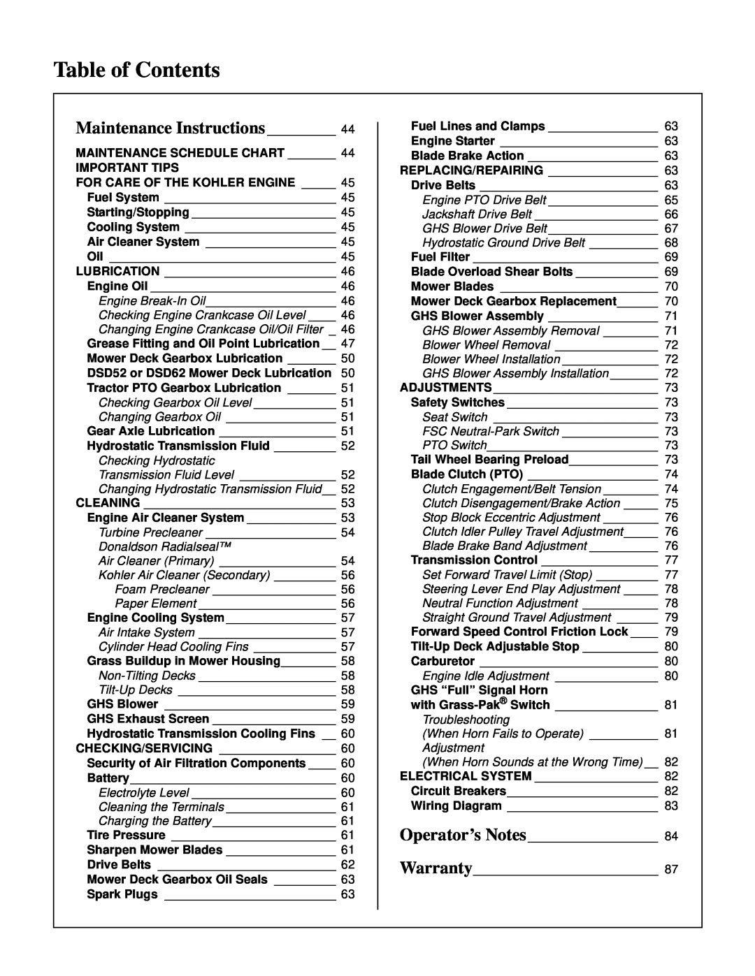 Walker MT Maintenance Instructions, Table of Contents, Maintenance Schedule Chart Important Tips, Engine Cooling System 