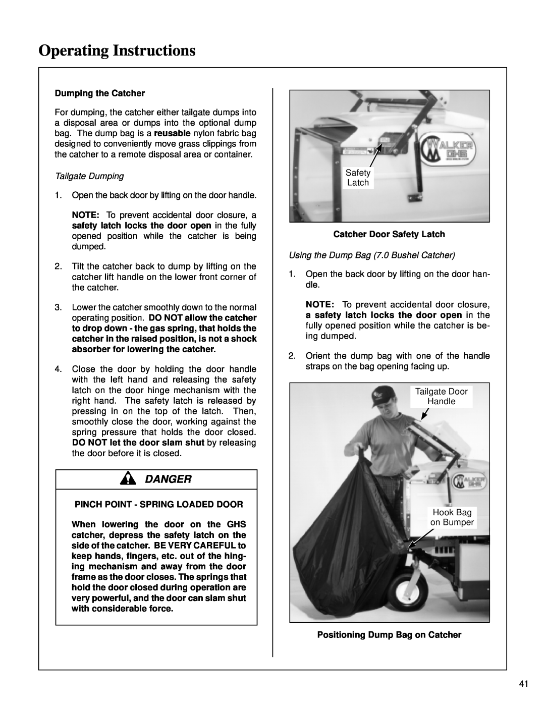 Walker MT Operating Instructions, Danger, Dumping the Catcher, Tailgate Dumping, Pinch Point - Spring Loaded Door 