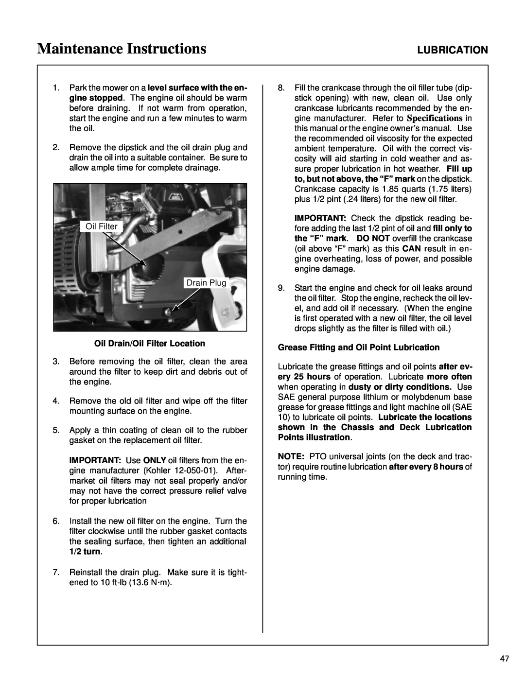 Walker MT Maintenance Instructions, Oil Drain/Oil Filter Location, Grease Fitting and Oil Point Lubrication 