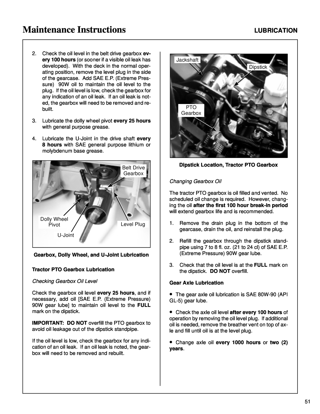 Walker MT Maintenance Instructions, Gearbox, Dolly Wheel, and U-Joint Lubrication, Tractor PTO Gearbox Lubrication 