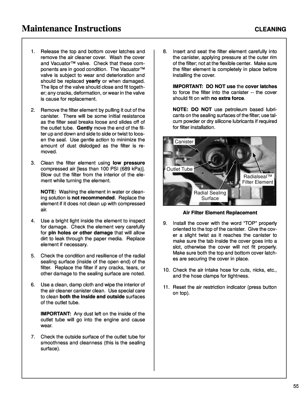 Walker MT owner manual Maintenance Instructions, Cleaning, Air Filter Element Replacement 