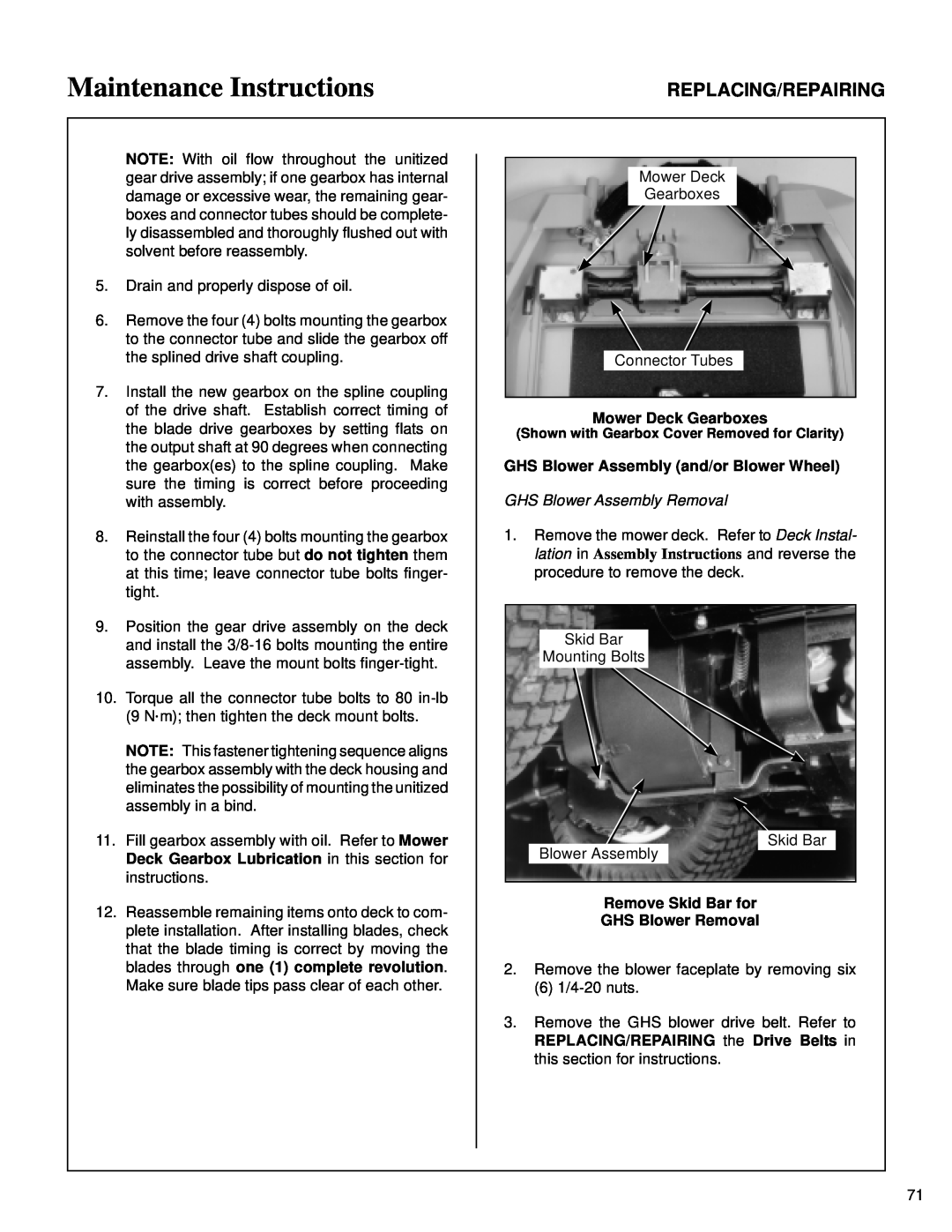 Walker MT Maintenance Instructions, Replacing/Repairing, Mower Deck Gearboxes, GHS Blower Assembly and/or Blower Wheel 