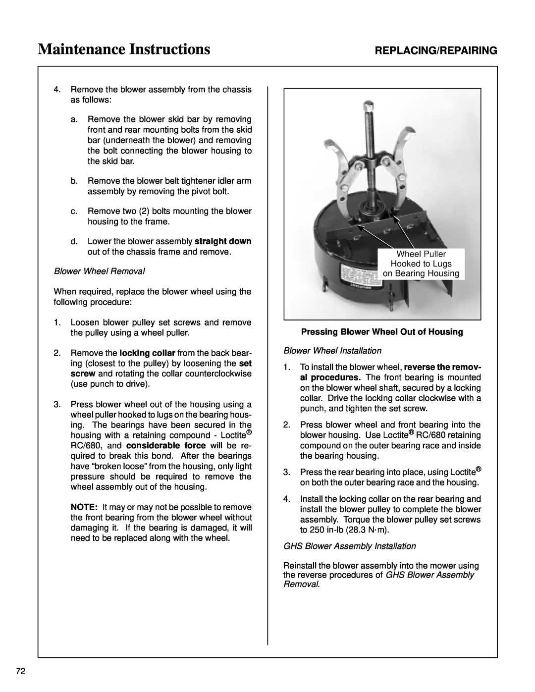 Walker MT Maintenance Instructions, Replacing/Repairing, Blower Wheel Removal, Pressing Blower Wheel Out of Housing 