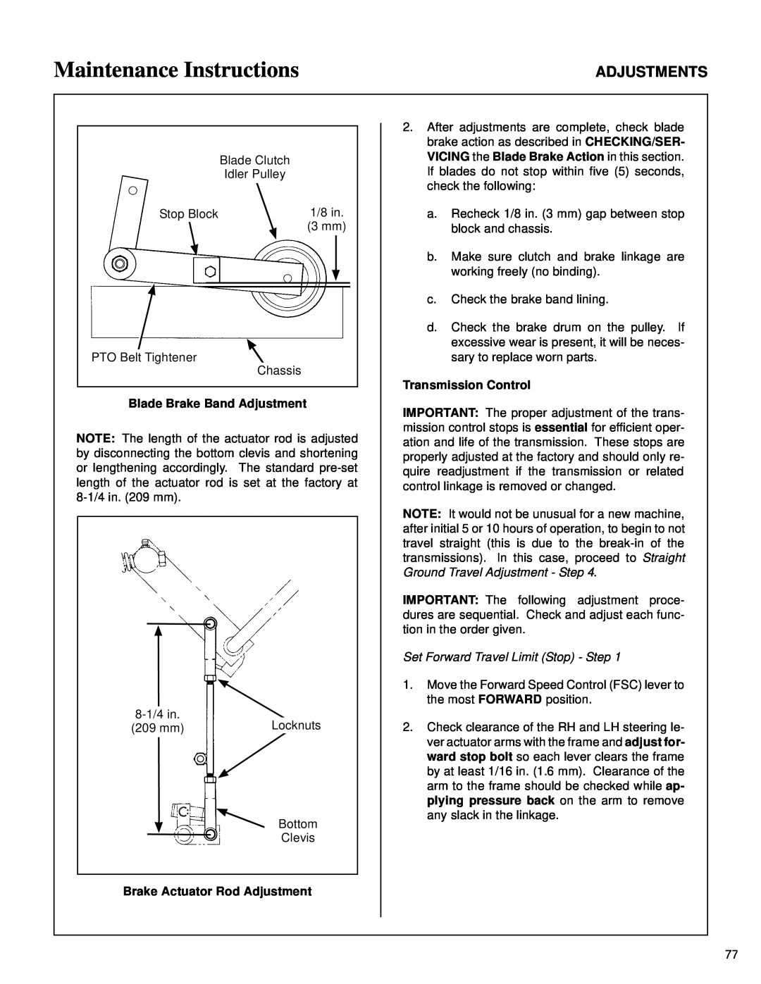 Walker MT owner manual Maintenance Instructions, Adjustments, Blade Brake Band Adjustment, Brake Actuator Rod Adjustment 