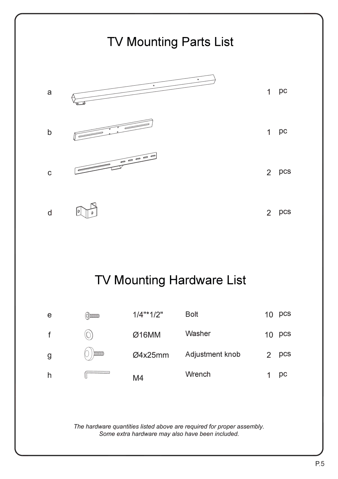 Walker P42C77BL-MT manual TV Mounting Parts List TV Mounting Hardware List 