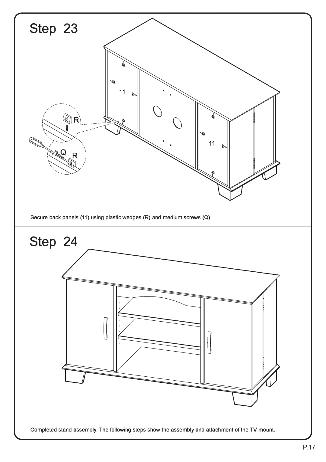 Walker P42C77BL-MT manual P.17, Secure back panels 11 using plastic wedges R and medium screws Q 