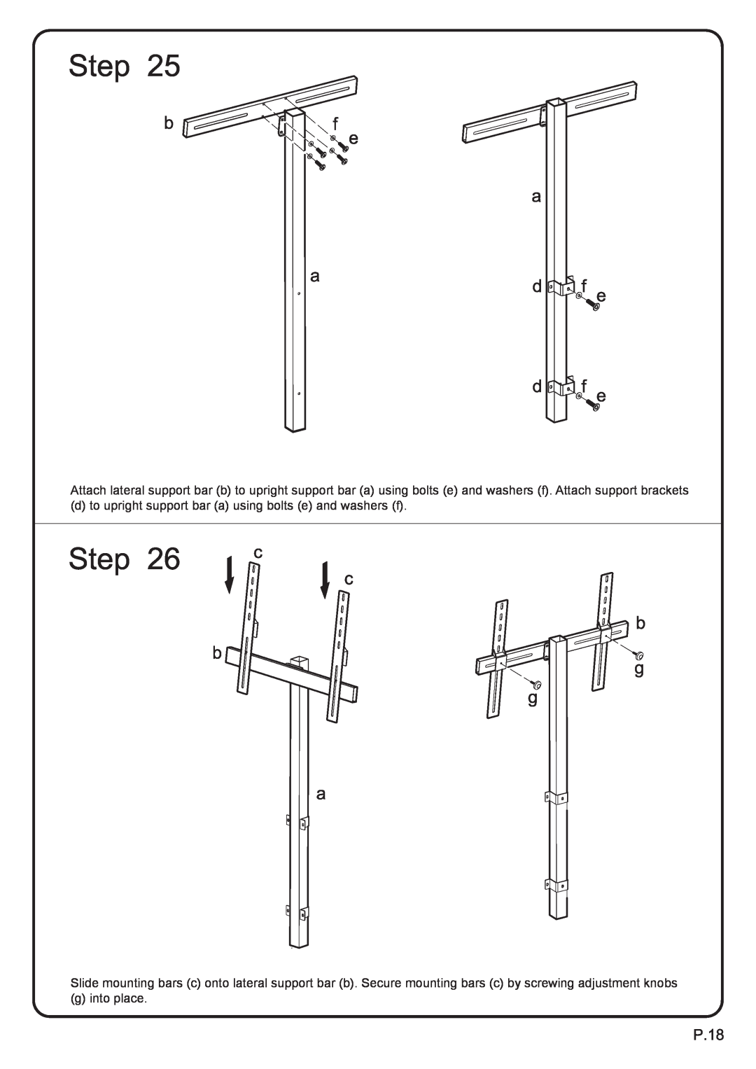 Walker P42C77BL-MT manual d to upright support bar a using bolts e and washers f, g into place 