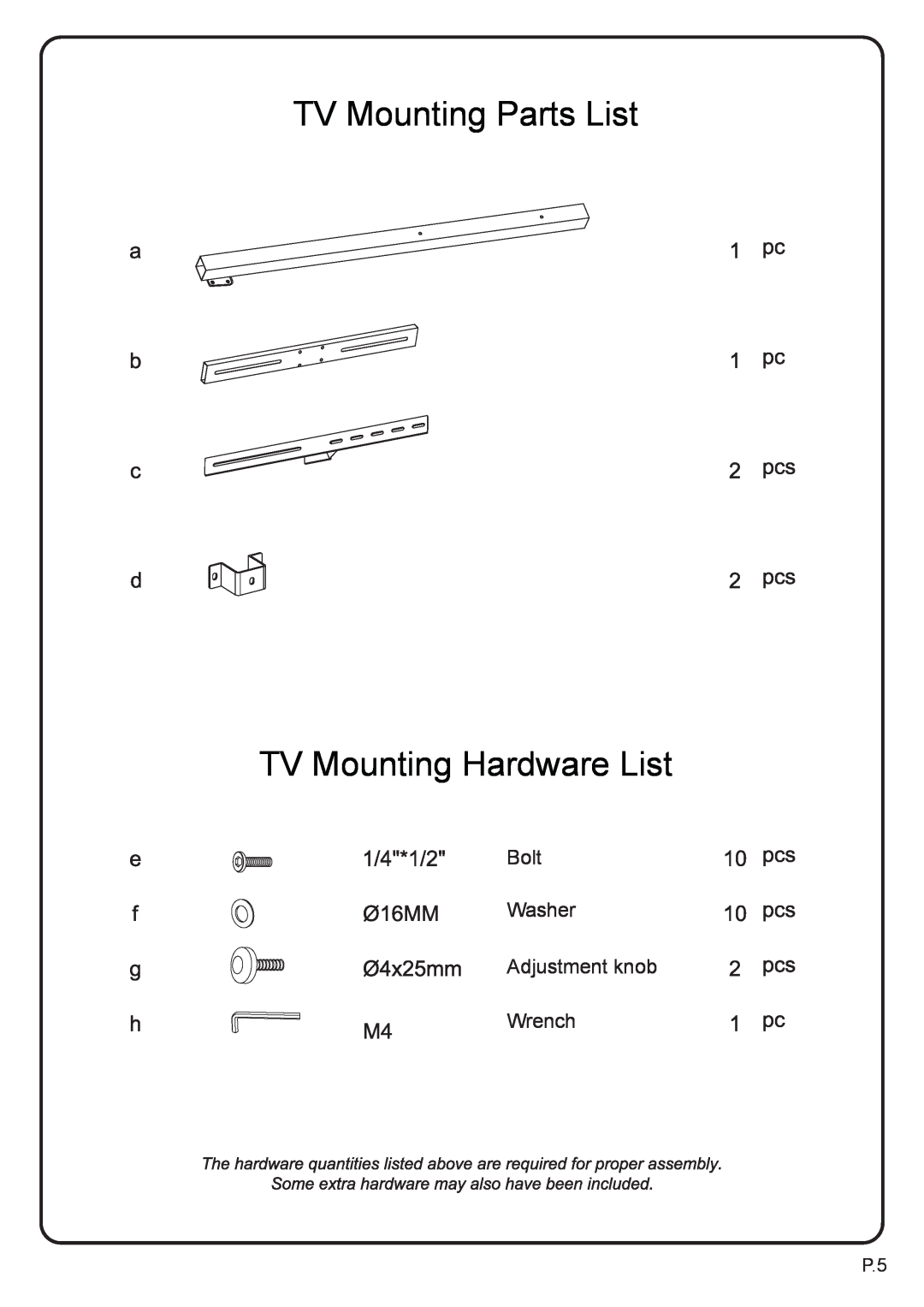 Walker P42C77BL-MT manual TV Mounting Parts List TV Mounting Hardware List, Bolt Washer Adjustment knob Wrench 