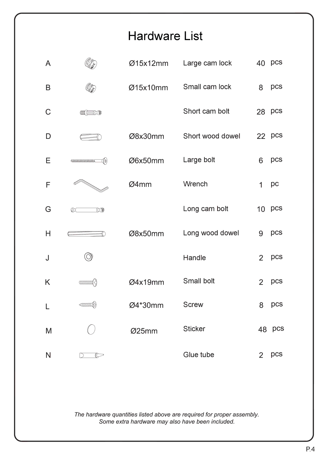 Walker P60CMPBL-MT manual Hardware List 