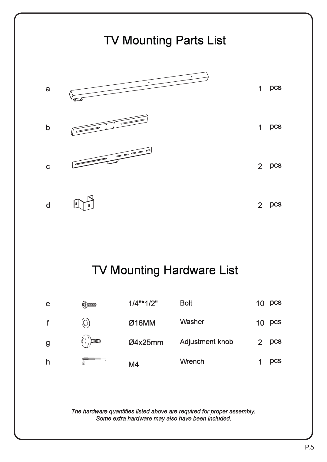 Walker P60CMPBL-MT manual TV Mounting Parts List TV Mounting Hardware List, Bolt Washer Adjustment knob Wrench 