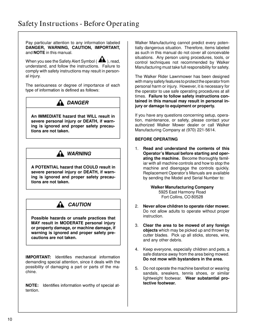 Walker S14 manual Safety Instructions Before Operating, Do not mow with bystanders in the area 