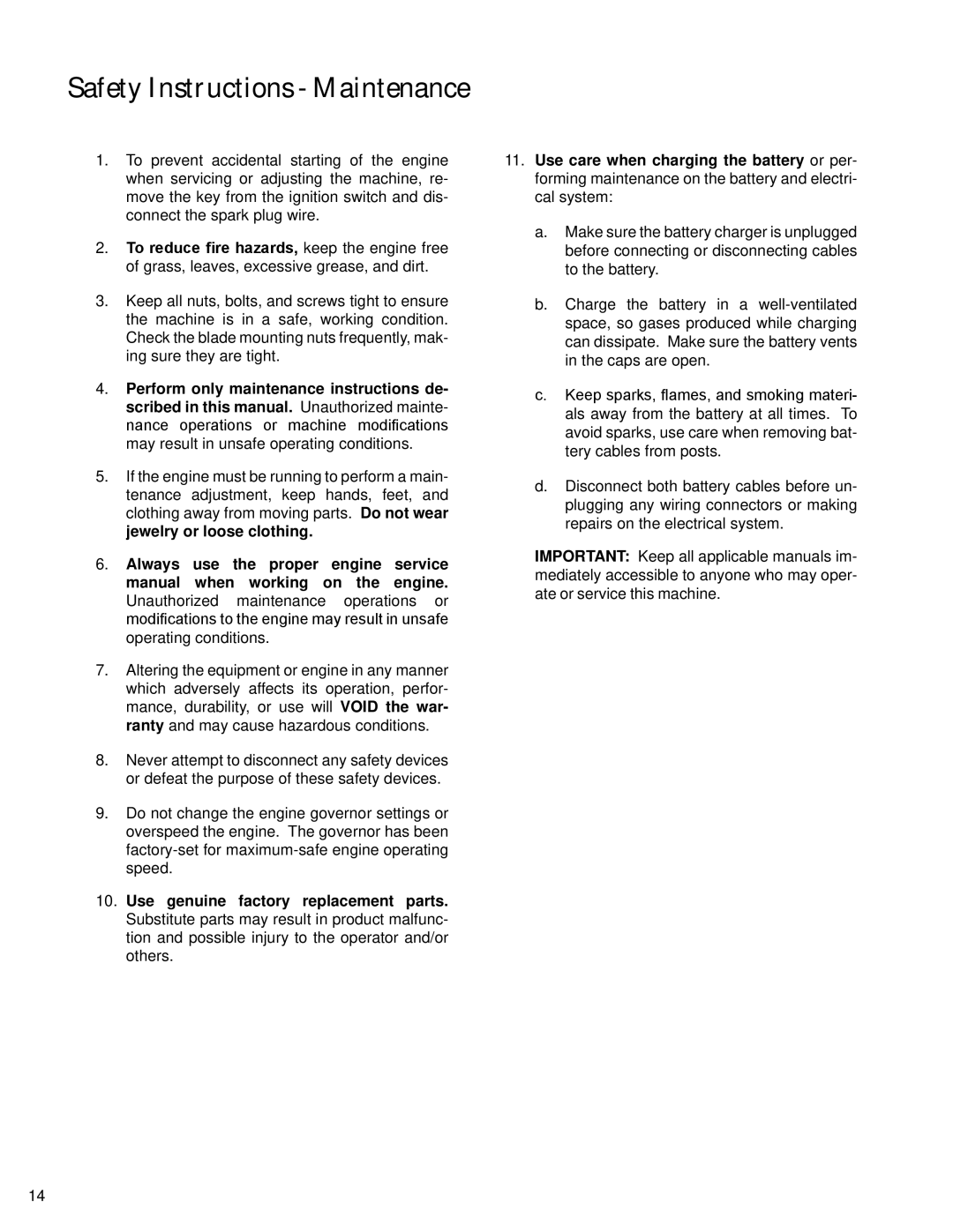 Walker S14 manual Safety Instructions Maintenance 