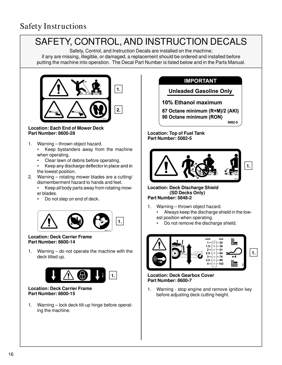 Walker S14 manual Location Each End of Mower Deck Part Number, Location Deck Discharge Shield SD Decks Only Part Number 