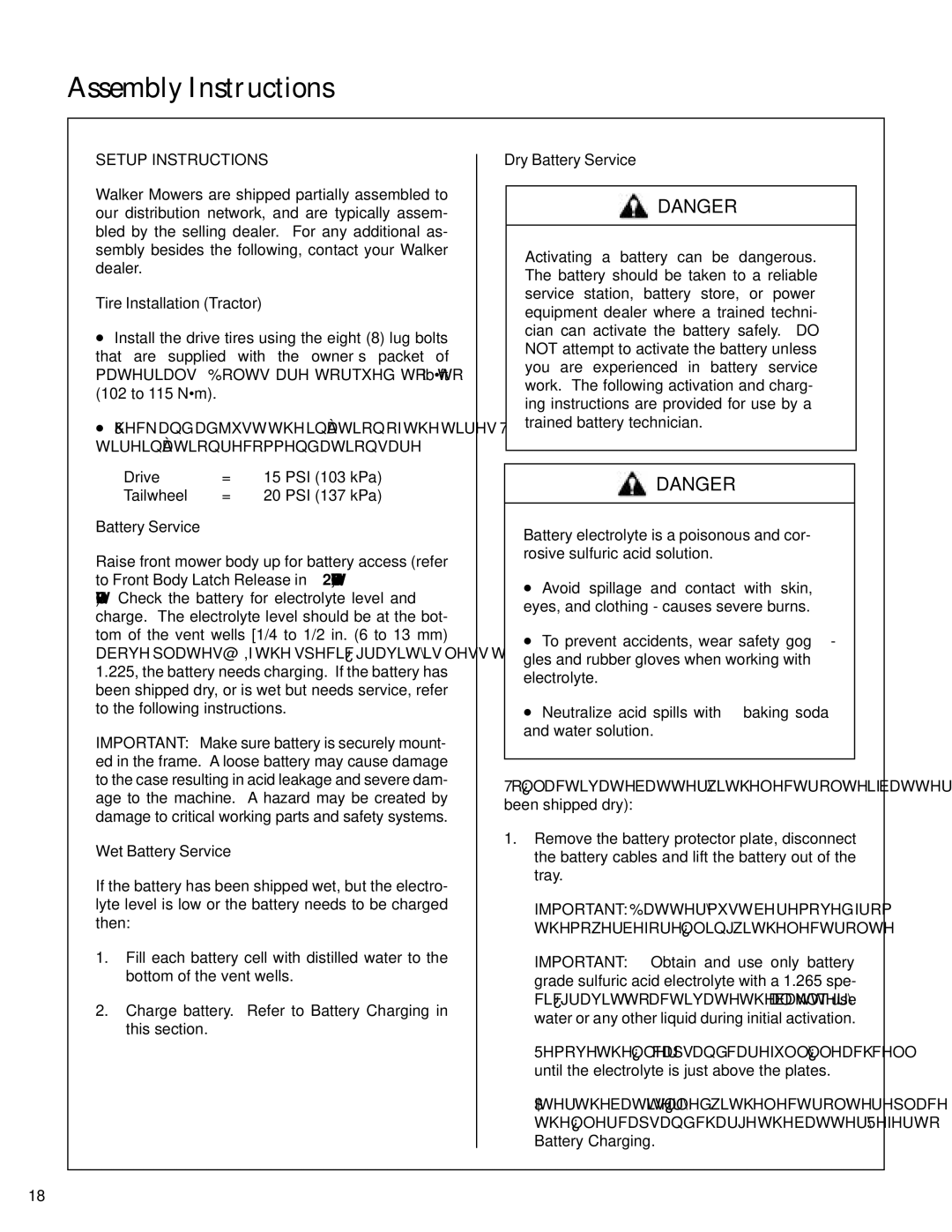 Walker S14 manual Assembly Instructions, Setup Instructions, Battery Service 