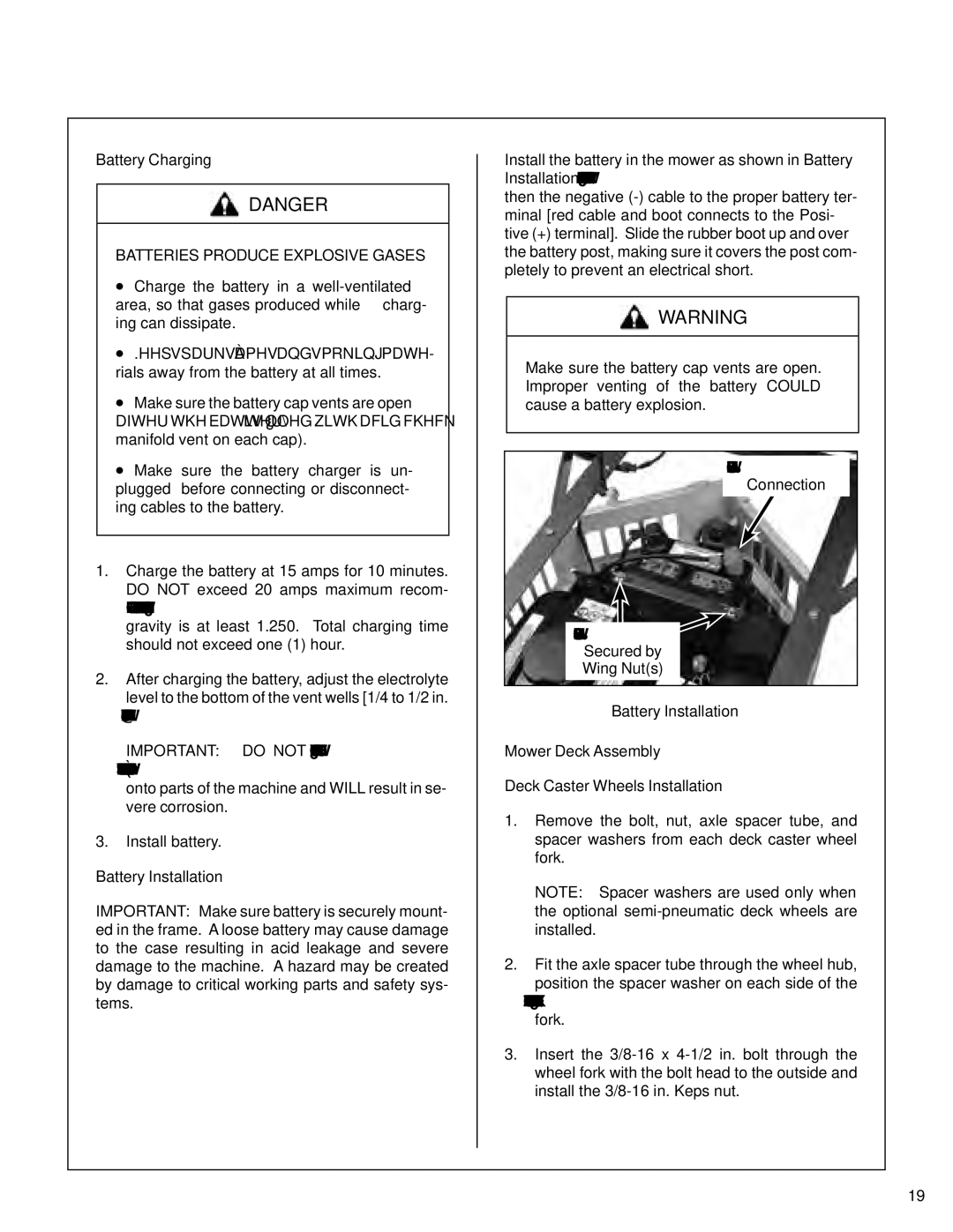 Walker S14 manual Batteries Produce Explosive Gases, Battery Installation Mower Deck Assembly 