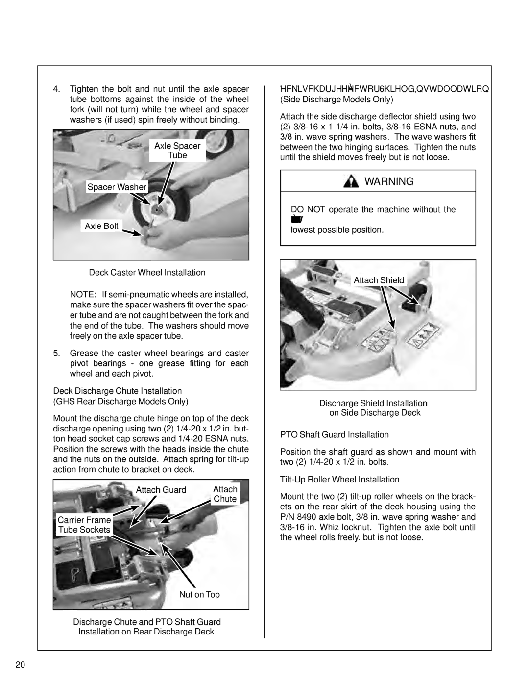 Walker S14 manual Deck Caster Wheel Installation, Discharge Shield Installation On Side Discharge Deck 