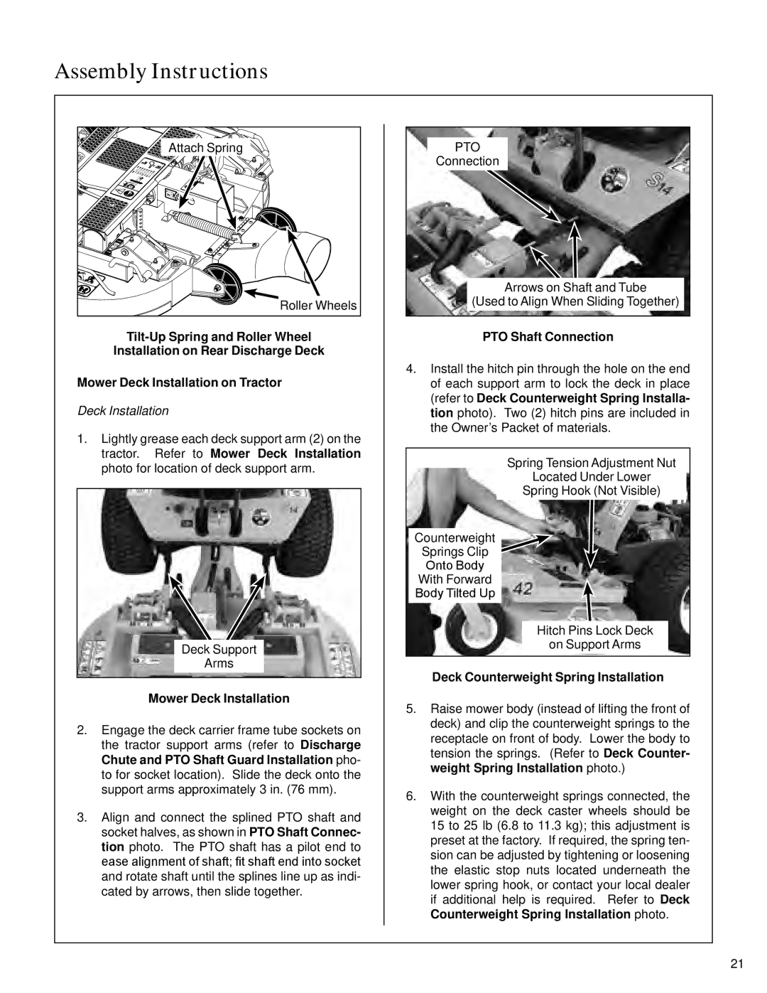 Walker S14 manual Mower Deck Installation, PTO Shaft Connection, Deck Counterweight Spring Installation 