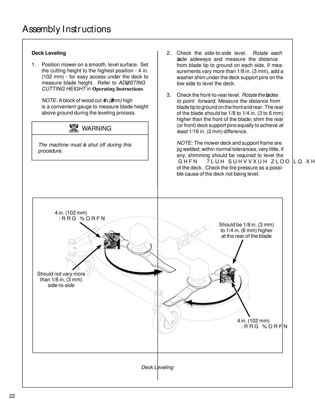 Walker S14 manual Deck Leveling, Machine must be shut off during this procedure 