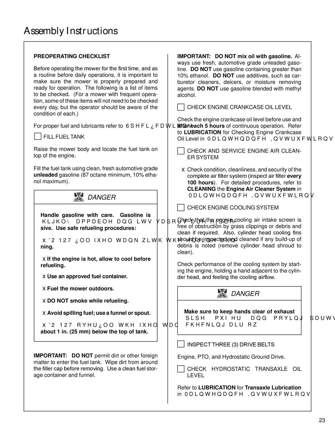 Walker S14 manual Fill Fuel Tank, Refer to Lubrication for Transaxle Lubrication 