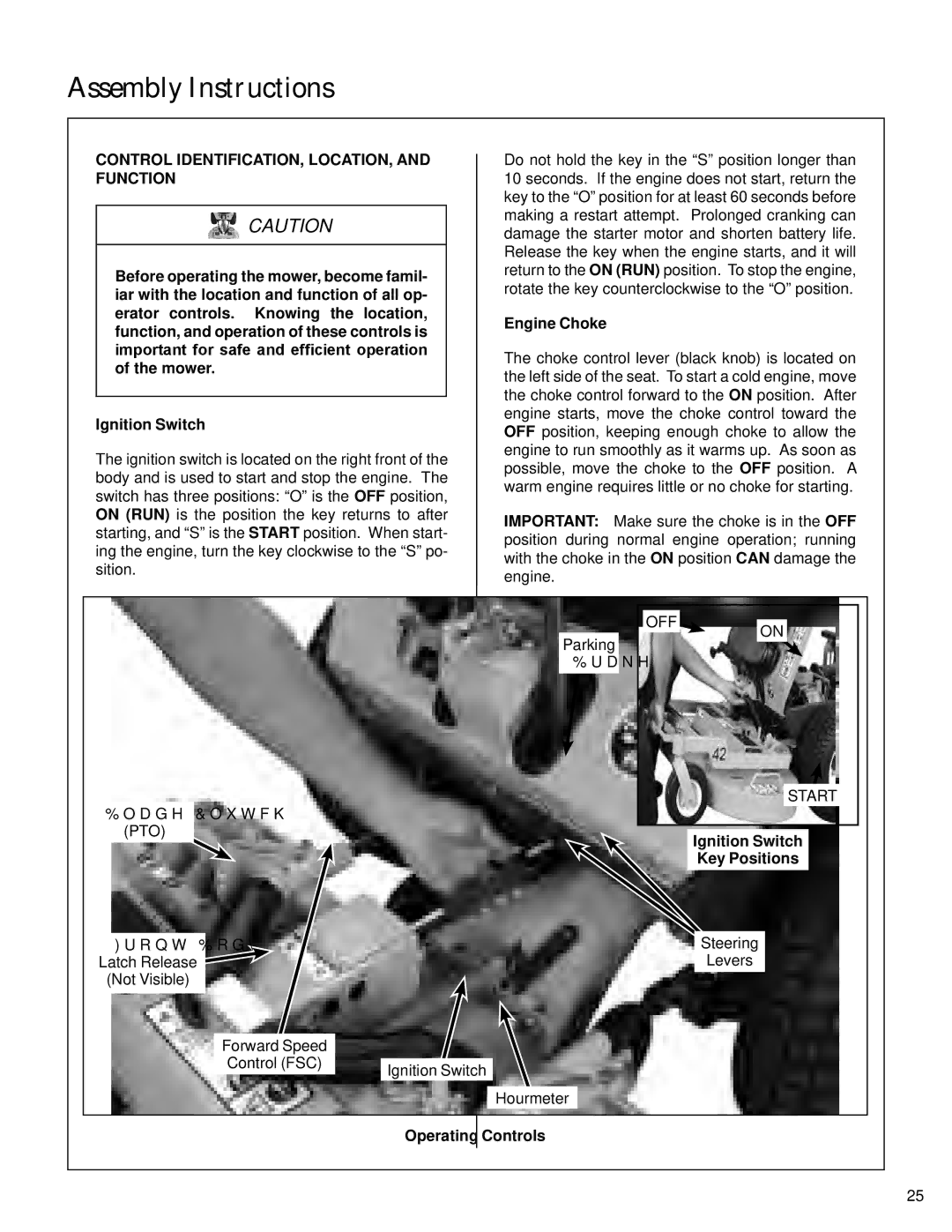 Walker S14 manual Operating Instructions, Control IDENTIFICATION, LOCATION, and Function, Engine Choke, Operating Controls 