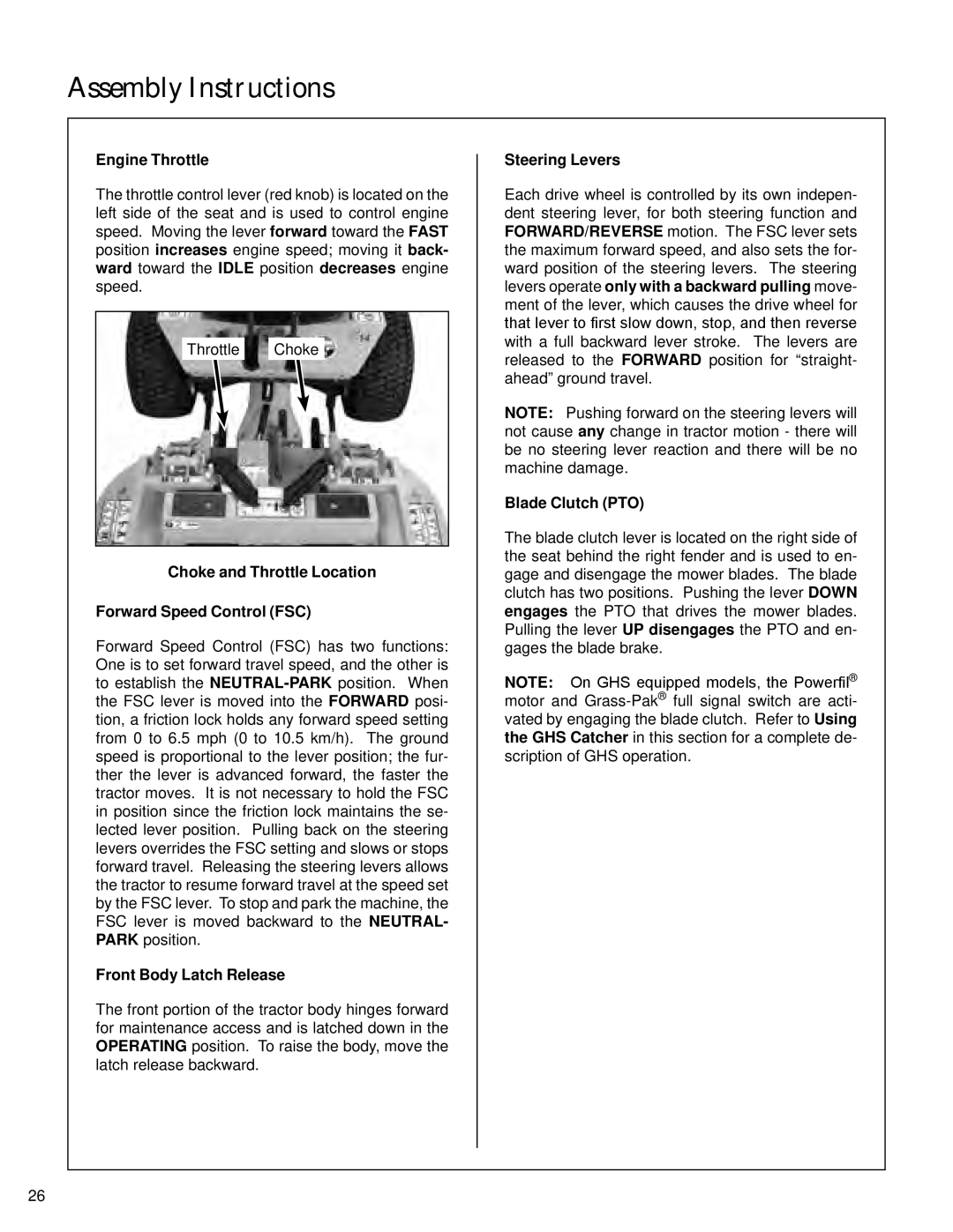 Walker S14 manual Engine Throttle, Choke and Throttle Location Forward Speed Control FSC, Steering Levers, Blade Clutch PTO 